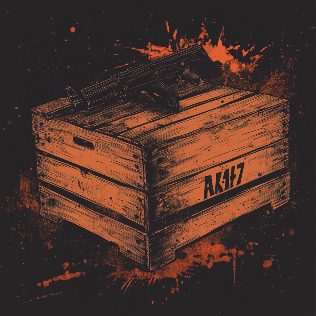 Text: 'AK-47' wooden crate design for DTG printing.