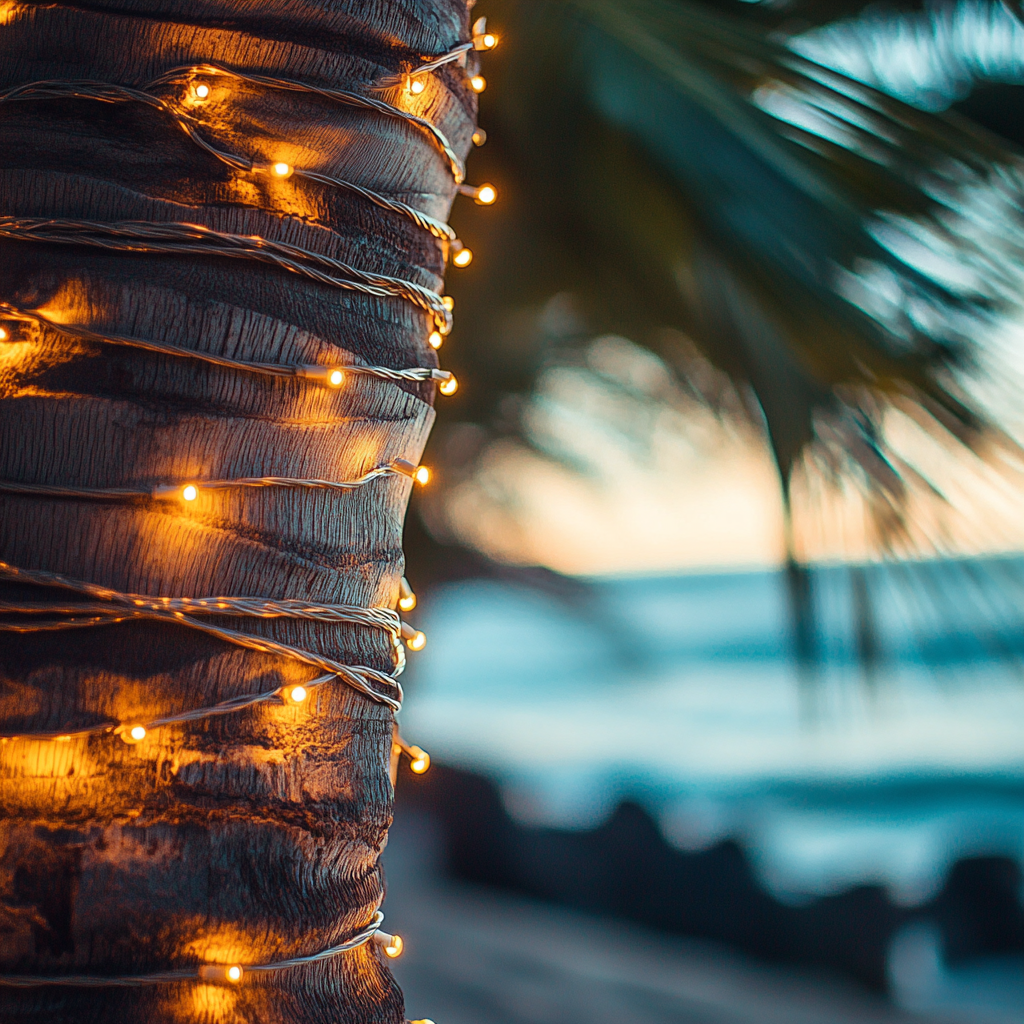 Textural palm tree trunk with delicate string lights.