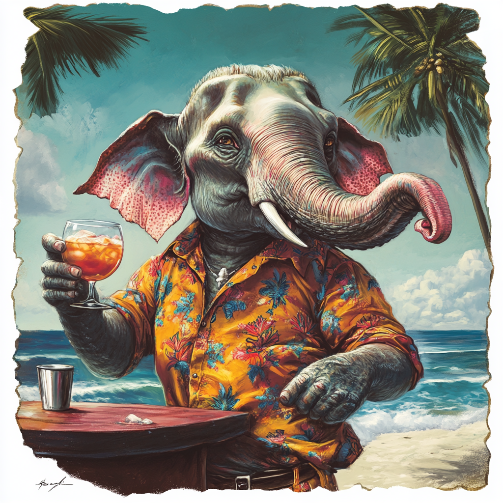 Thai Elephant bartender in colorful shirt, enjoying cocktail.