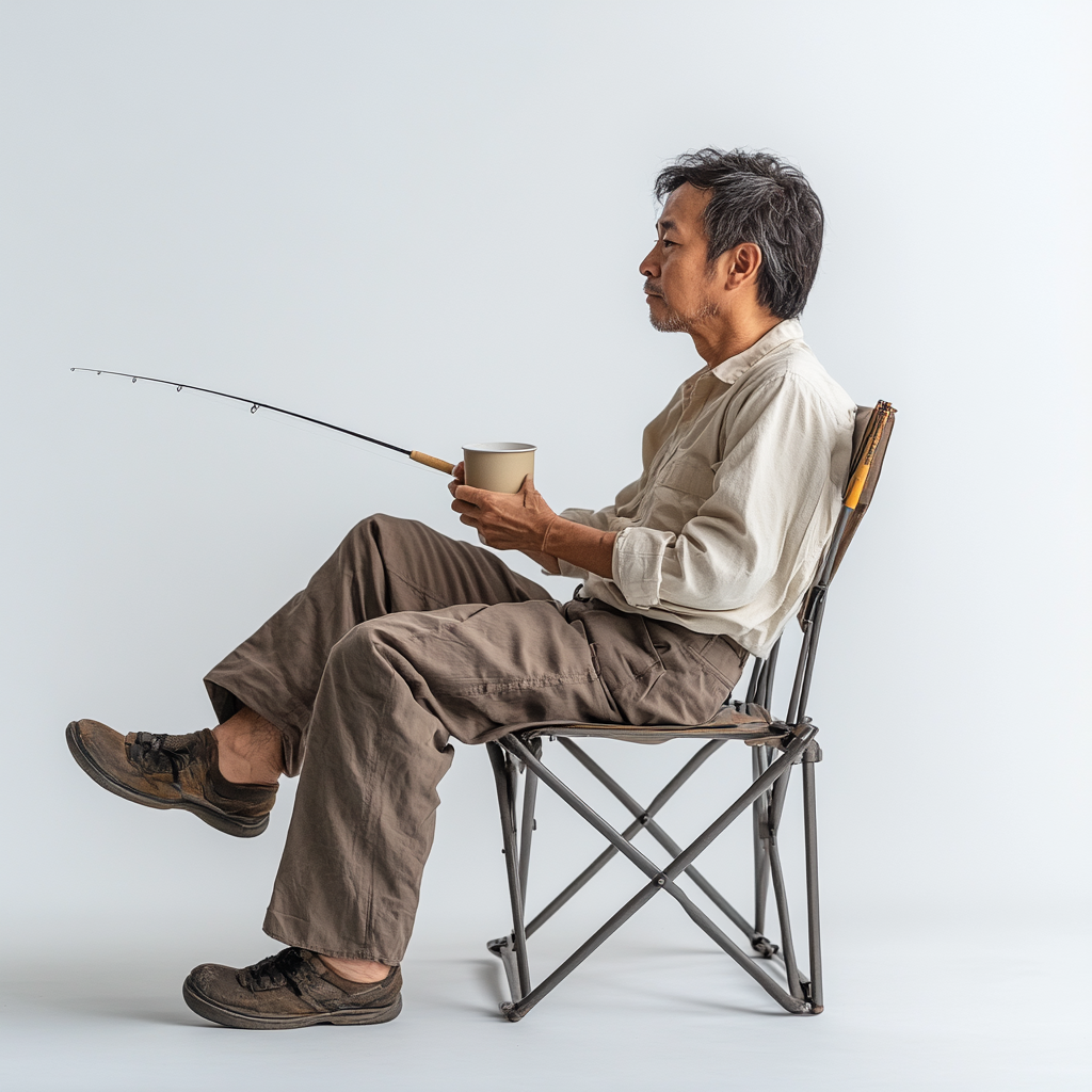 Thai Man Fishing with Coffee on Chair.