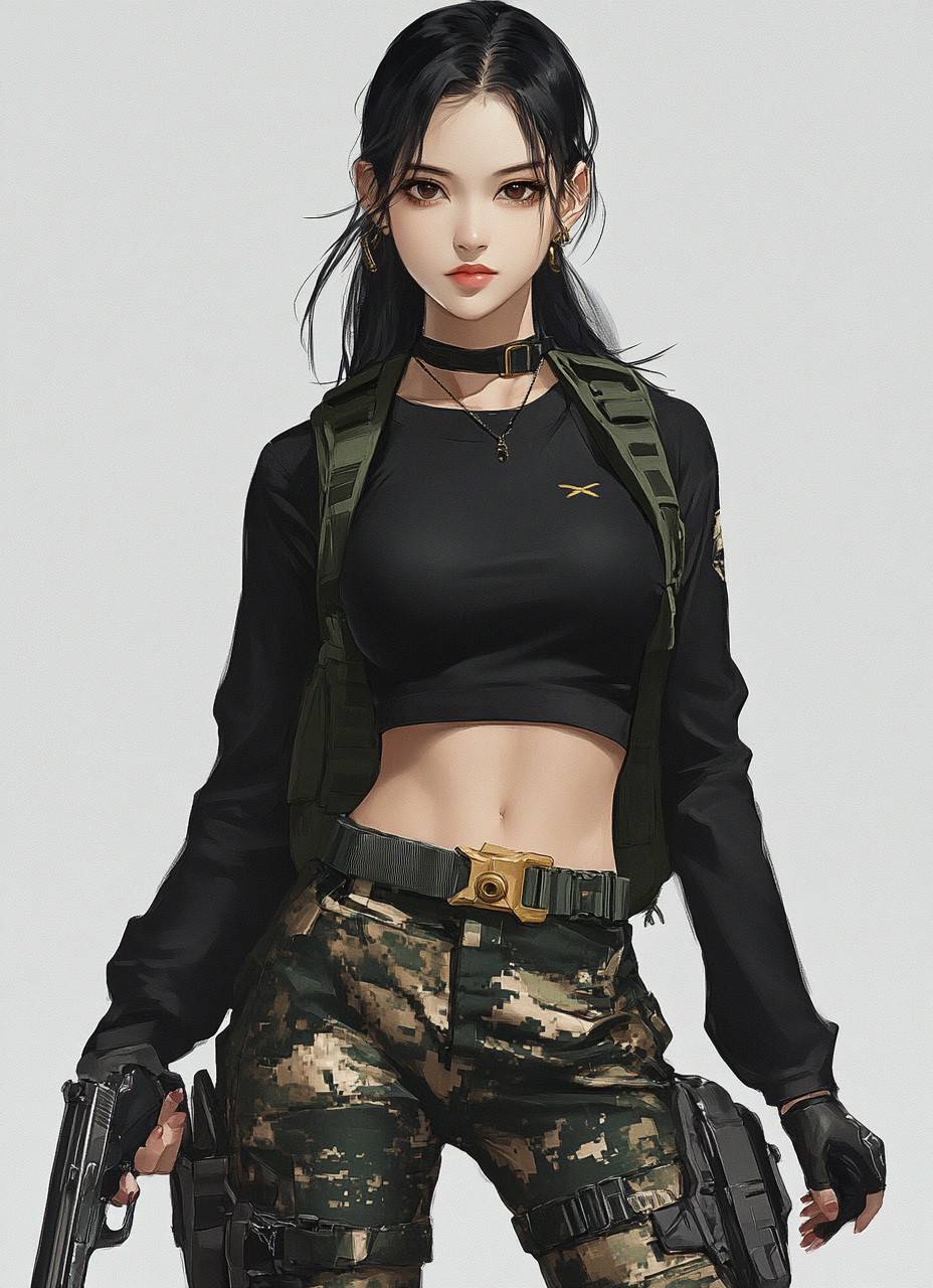 Thai female with wolf haircut, black clothes, armed, looking.