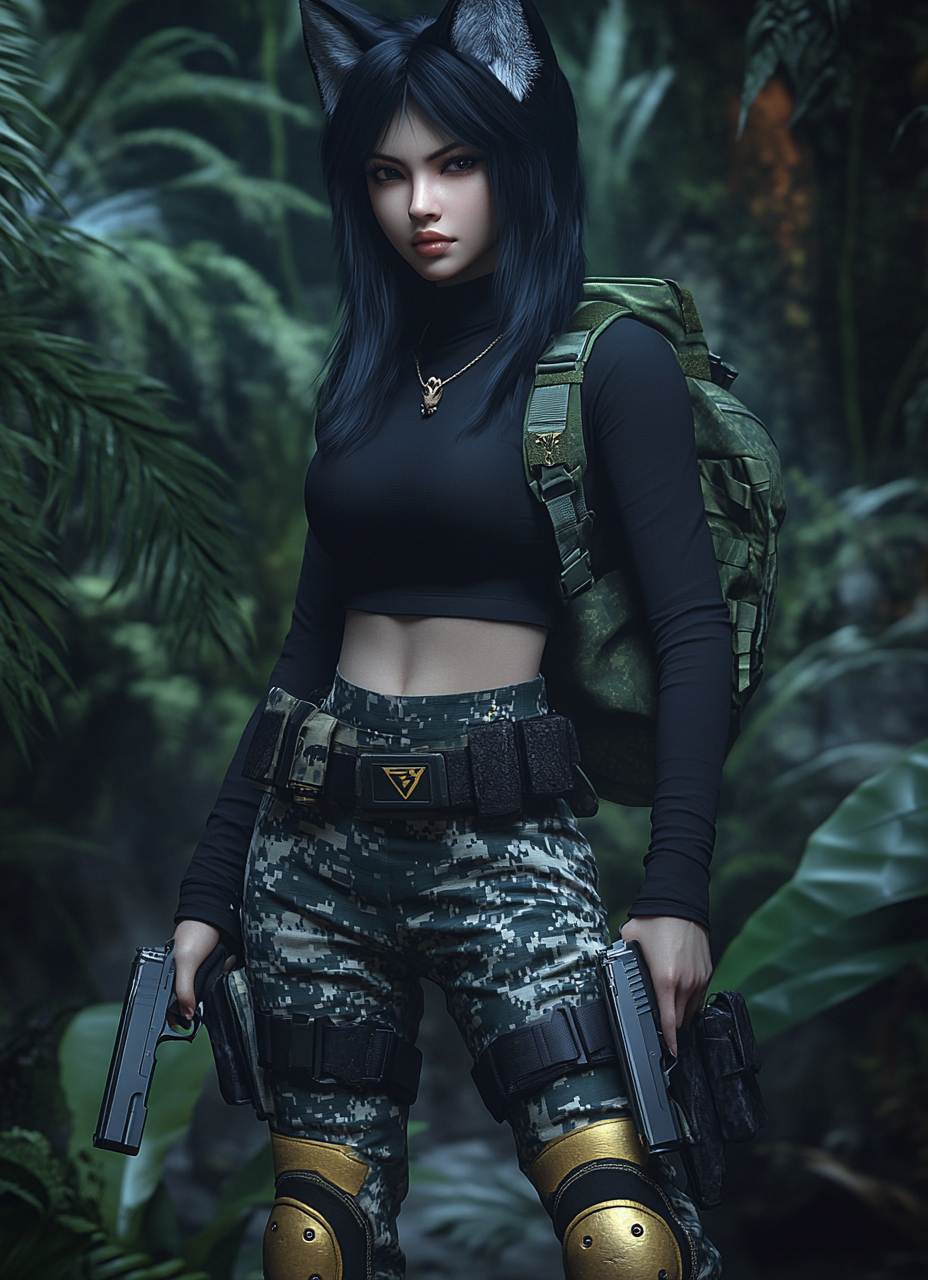 Thai female with wolf haircut, black clothes, holding pistols.