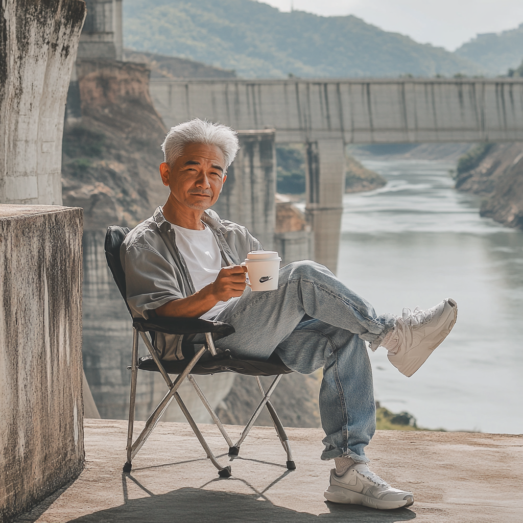 Thai man sitting by dam with coffee cup