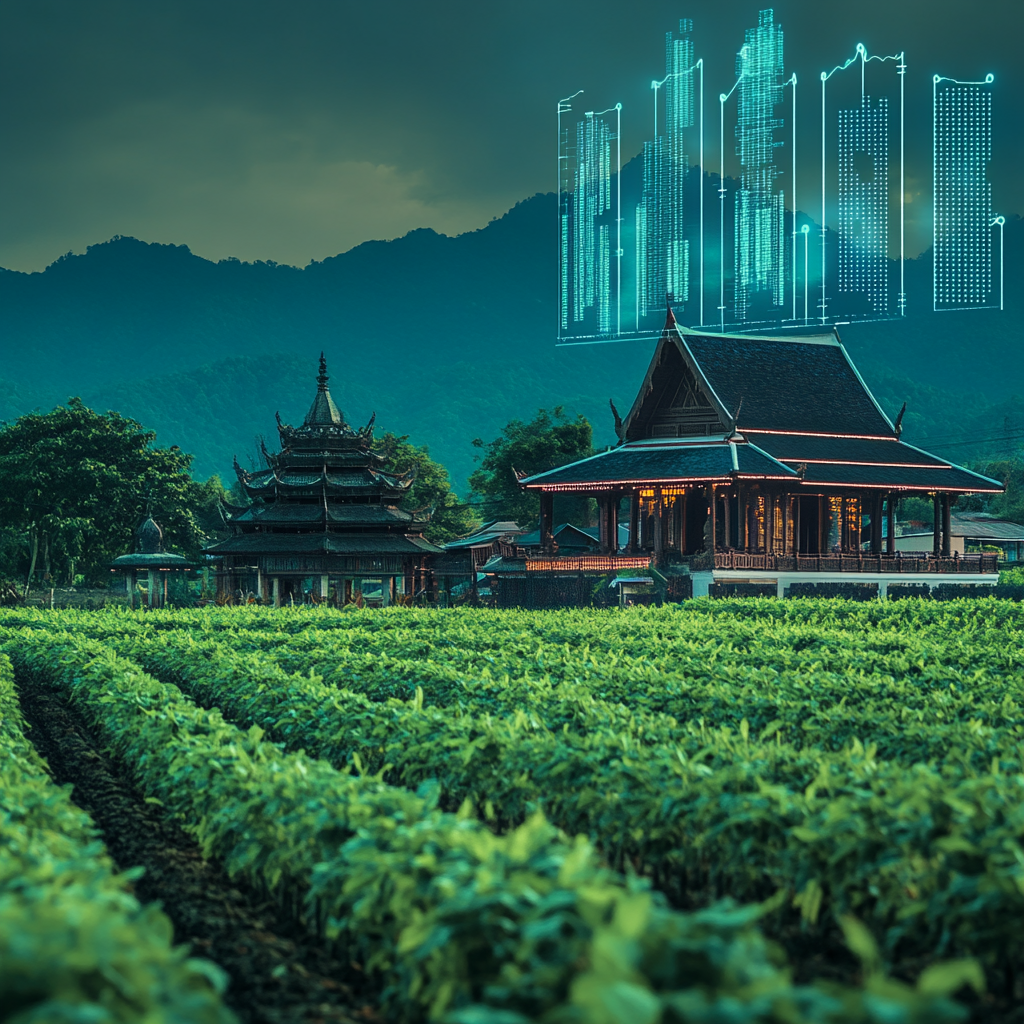 Thai-style building surrounded by green fields and holographic trading graphs. 