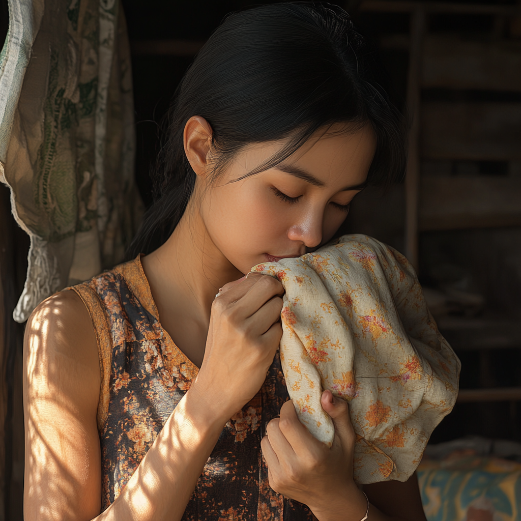 Thai woman holding clothes, longing for home smell