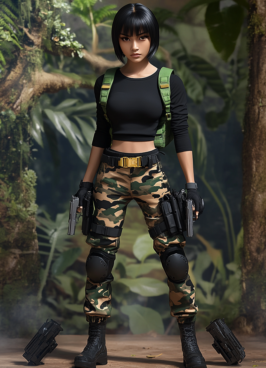 Thai woman in black shirt and camo pants, serious.