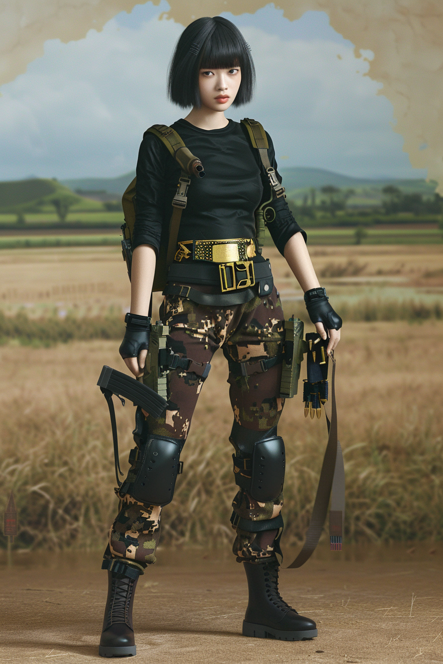 Thai woman in field with guns, military attire.