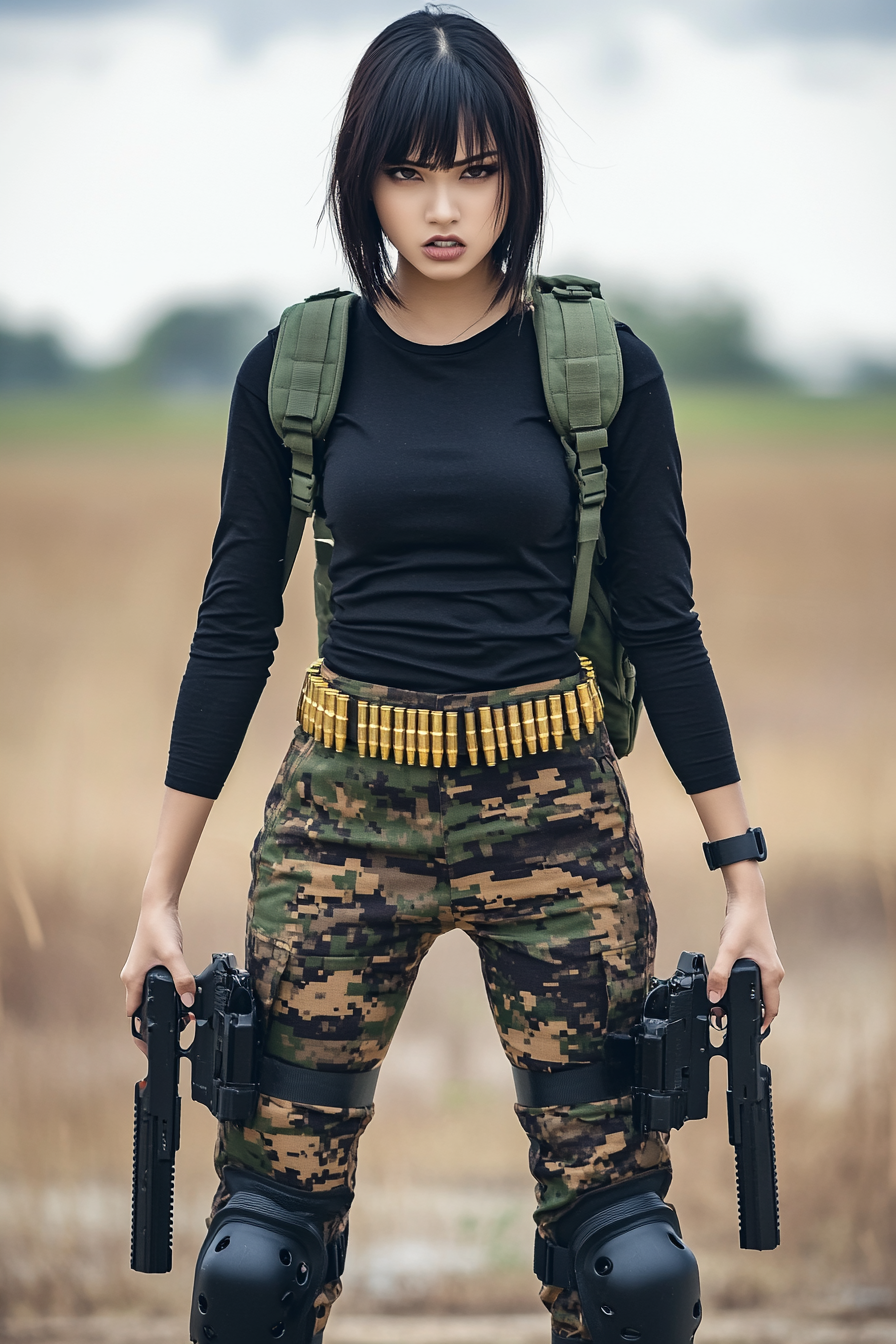 Thai woman with black hair, serious face, pistols.