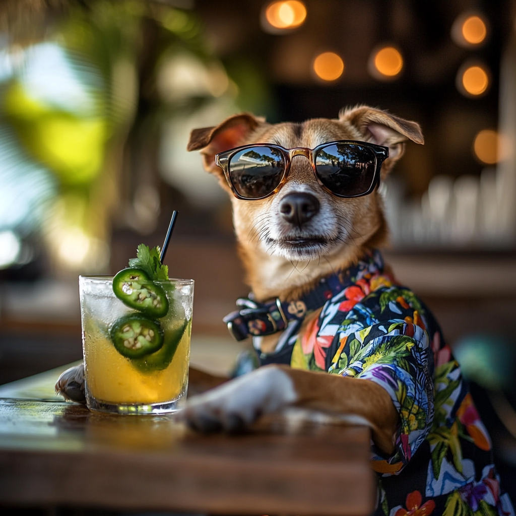 Thailand street dog bartender with cool shirt, sunglasses.