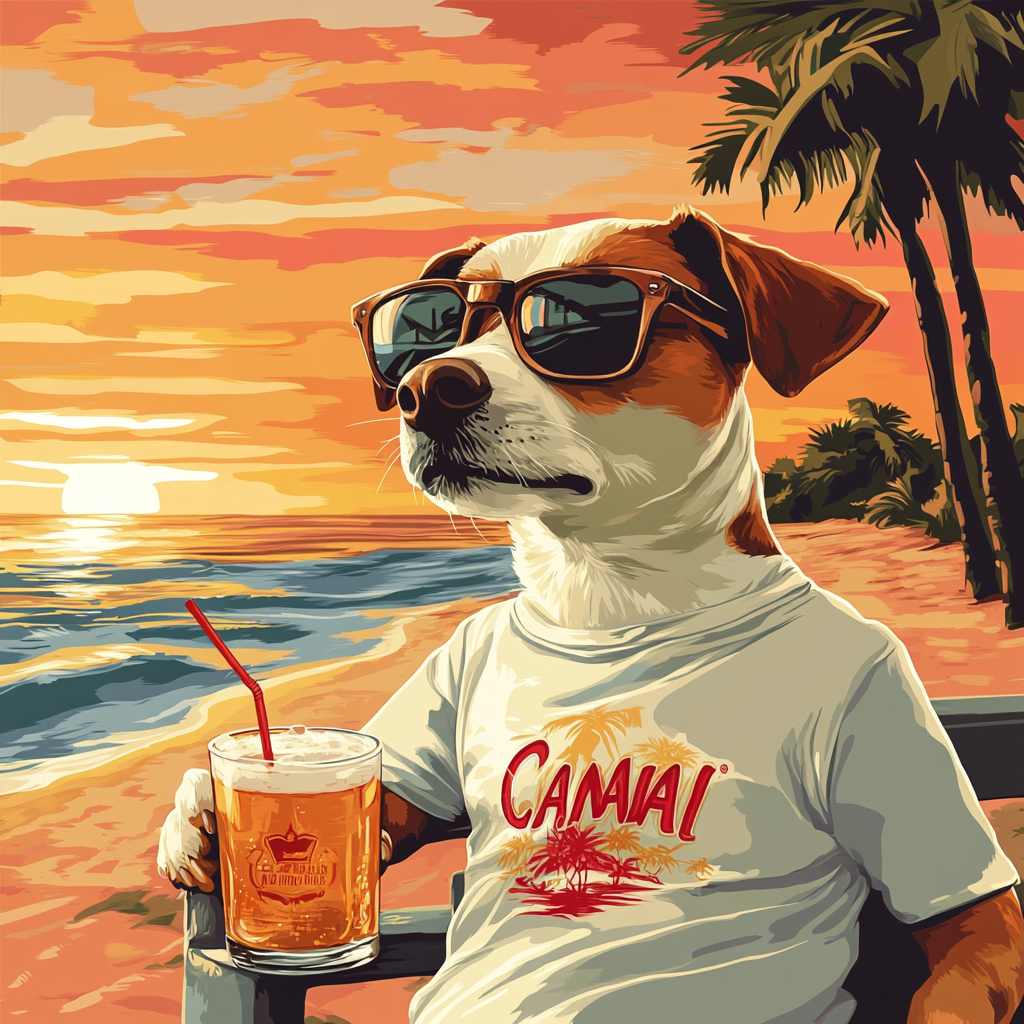 Thailand street dog with Chang beer t-shirt enjoying cocktail.