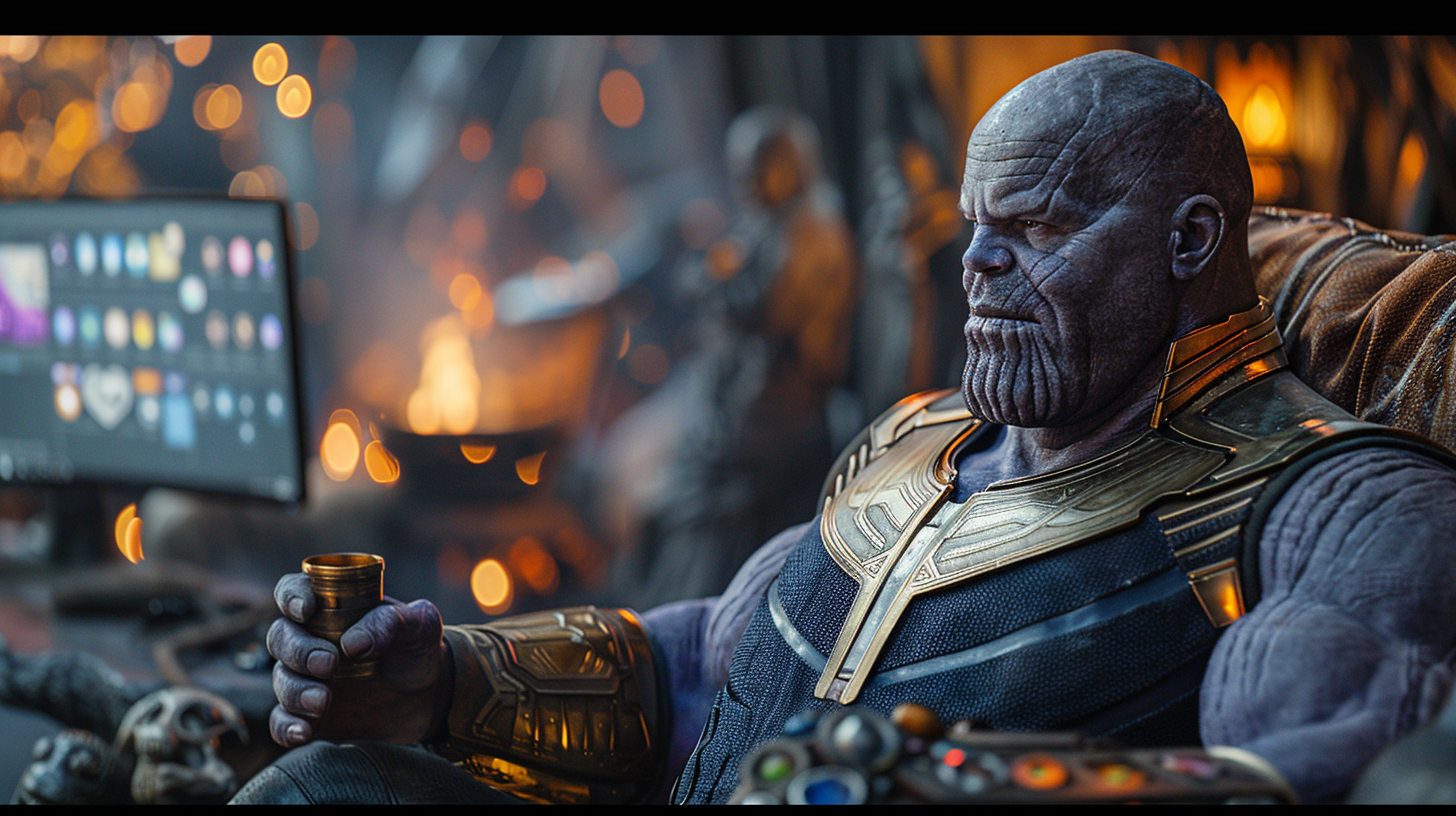 Thanos in comfy office with computer and coffee mug.