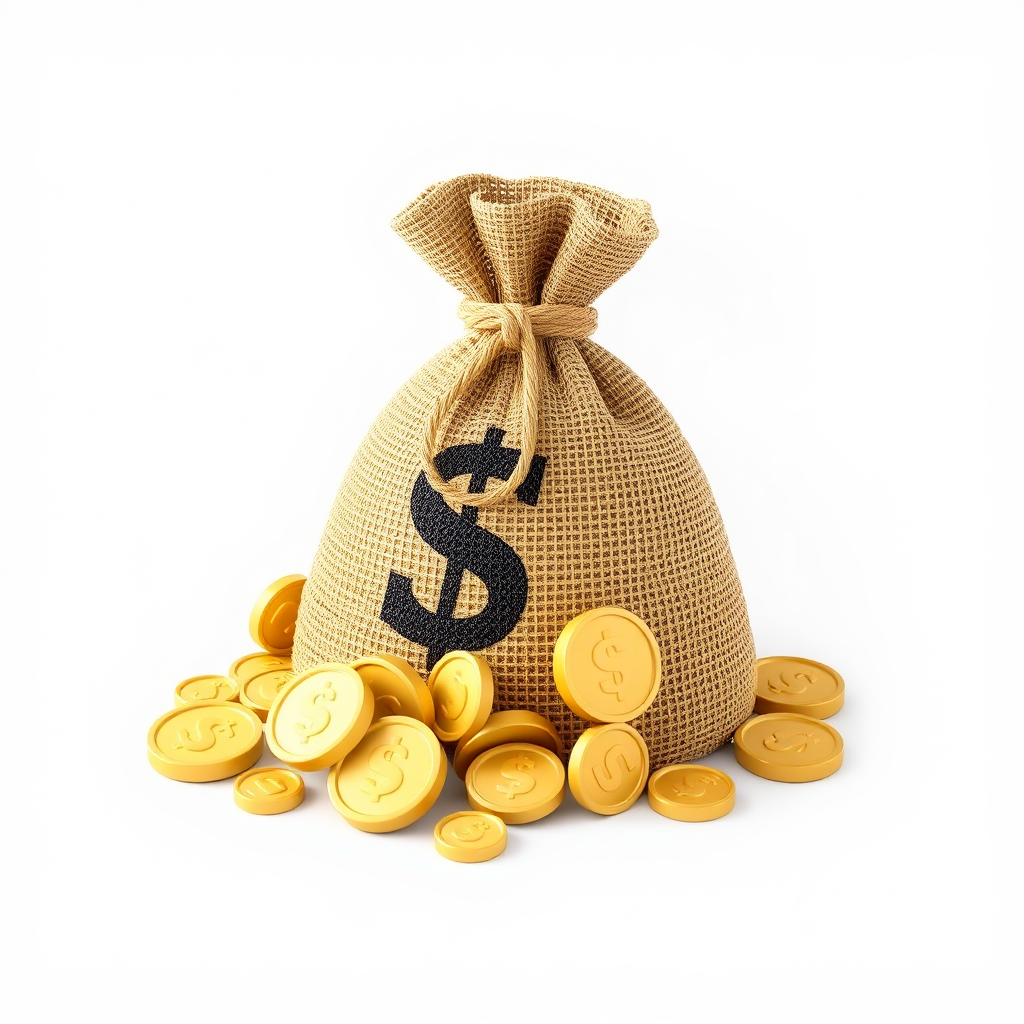 The 3D golden money bag symbolizes wealth.