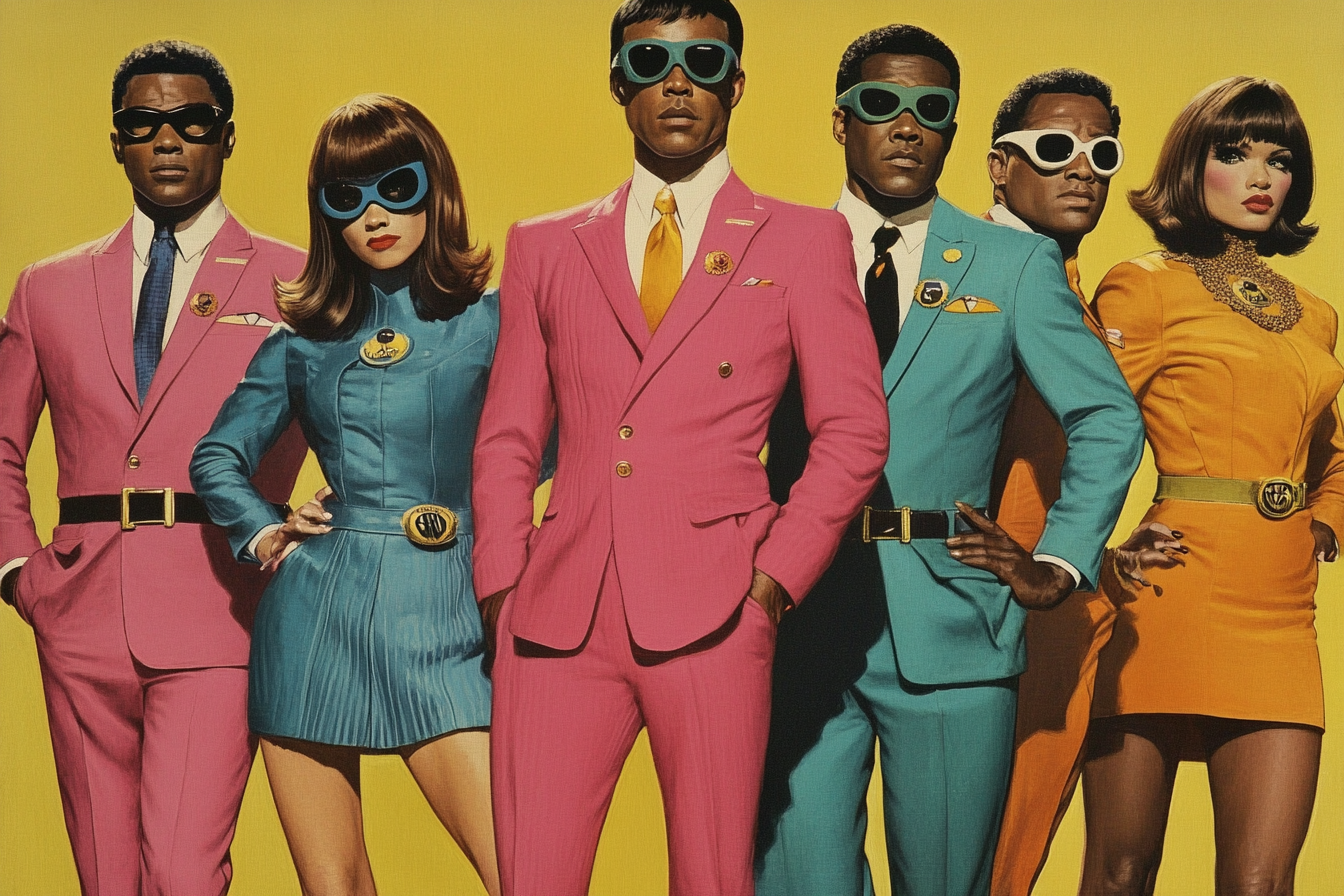 The 60s Superhero Team in Bright Outfits Poster