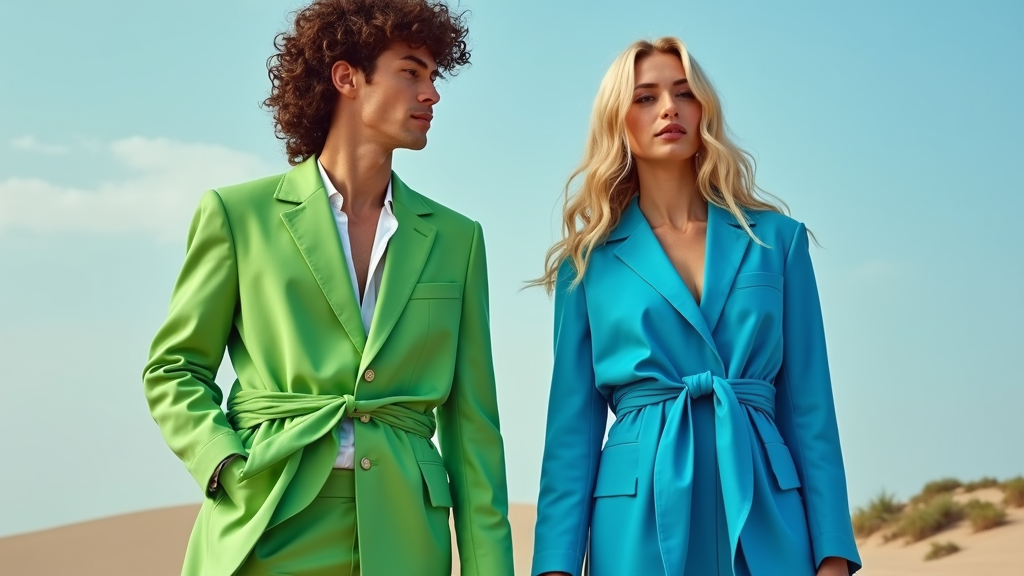 The Androgynous Duo in Bright Utopian Suits