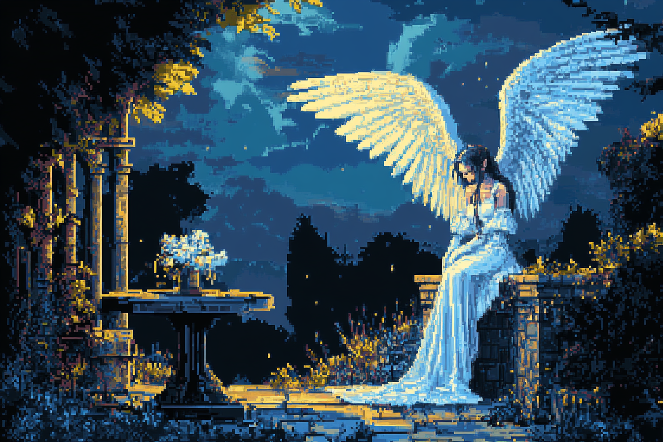 The Angelic Swordswoman in a Moonlit Garden