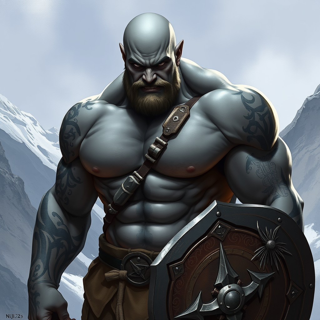 The Angry Young Goliath Warrior in Mountains