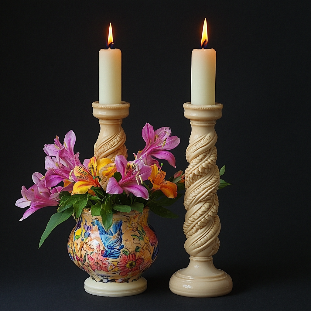 The Artistic Shabbat Candles and Pink Flowers