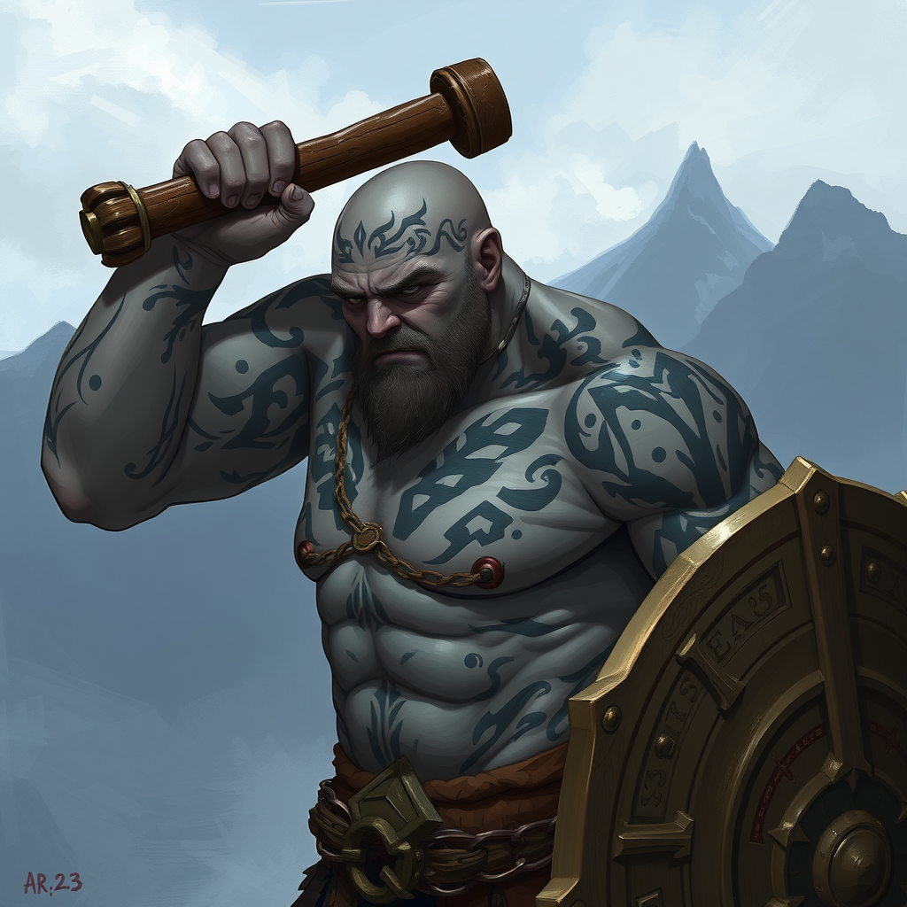 The Bald, Tattooed Young Barbarian in Mountains
