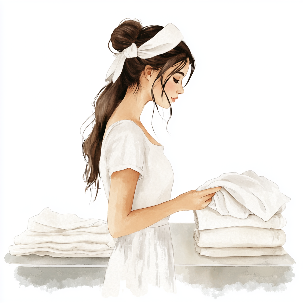 The Beautiful Girl Folding Laundry Watercolor Art