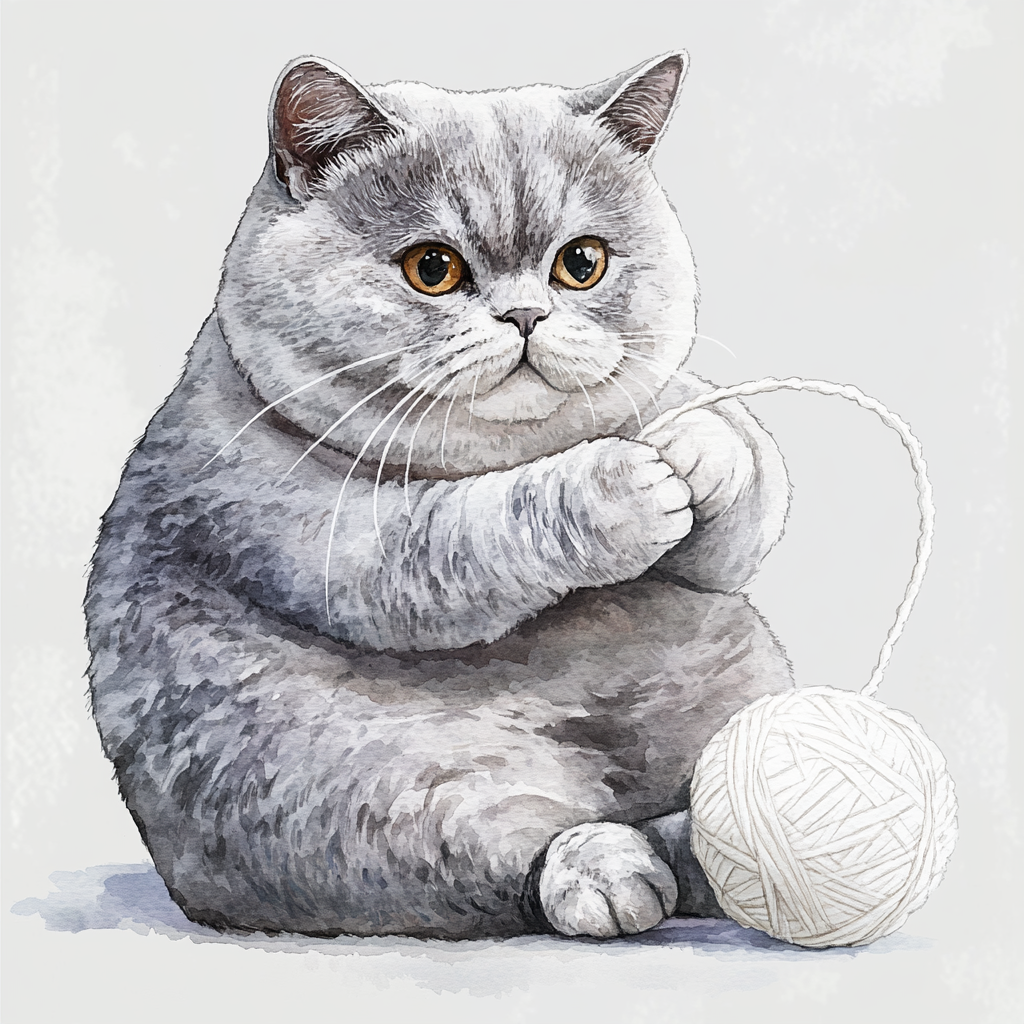 The Beautiful Gray British Cat Playing with Yarn