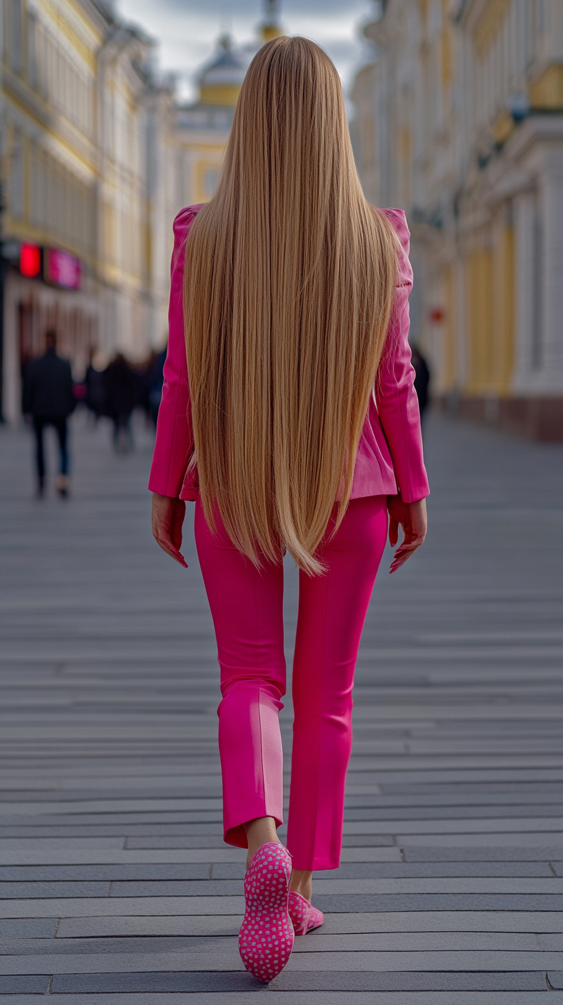 The Beautiful Russian Woman Walking in Fashionable City