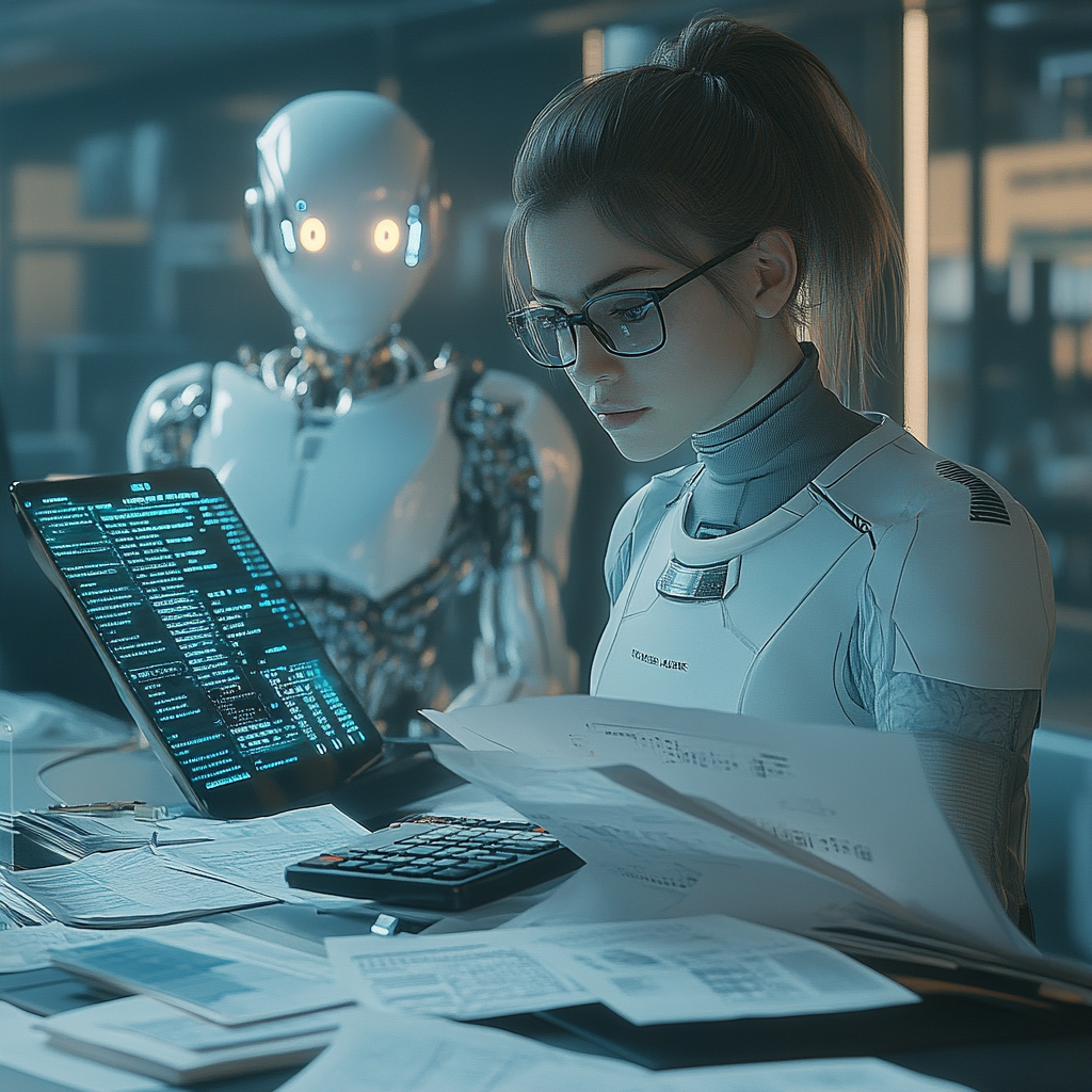 The Bookkeeper and Robot Assistant Analyzing Finances