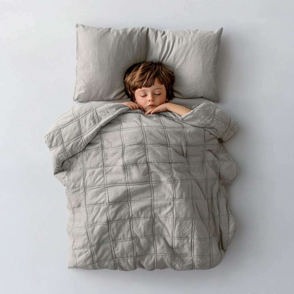 The Boy Sleeping in a Grey Quilted Bed