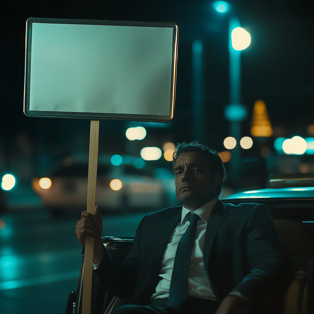 The Businessman With Protest Sign in Taxi at Night