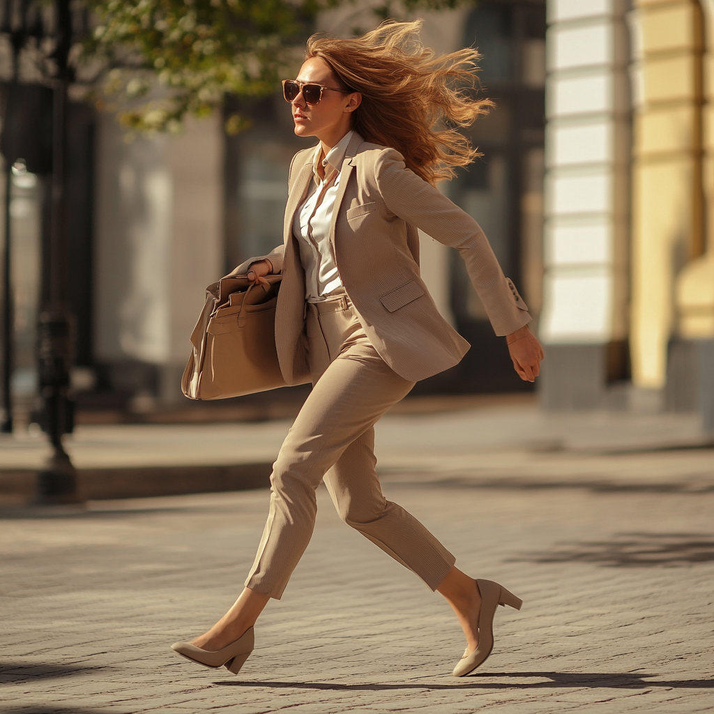 The Busy Businesswoman Rushes to Work Quickly.