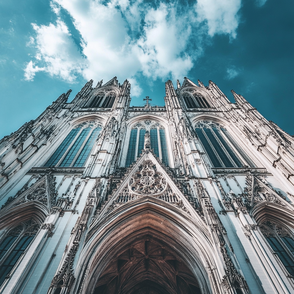 The Cologne Cathedral shines under bright blue sky.