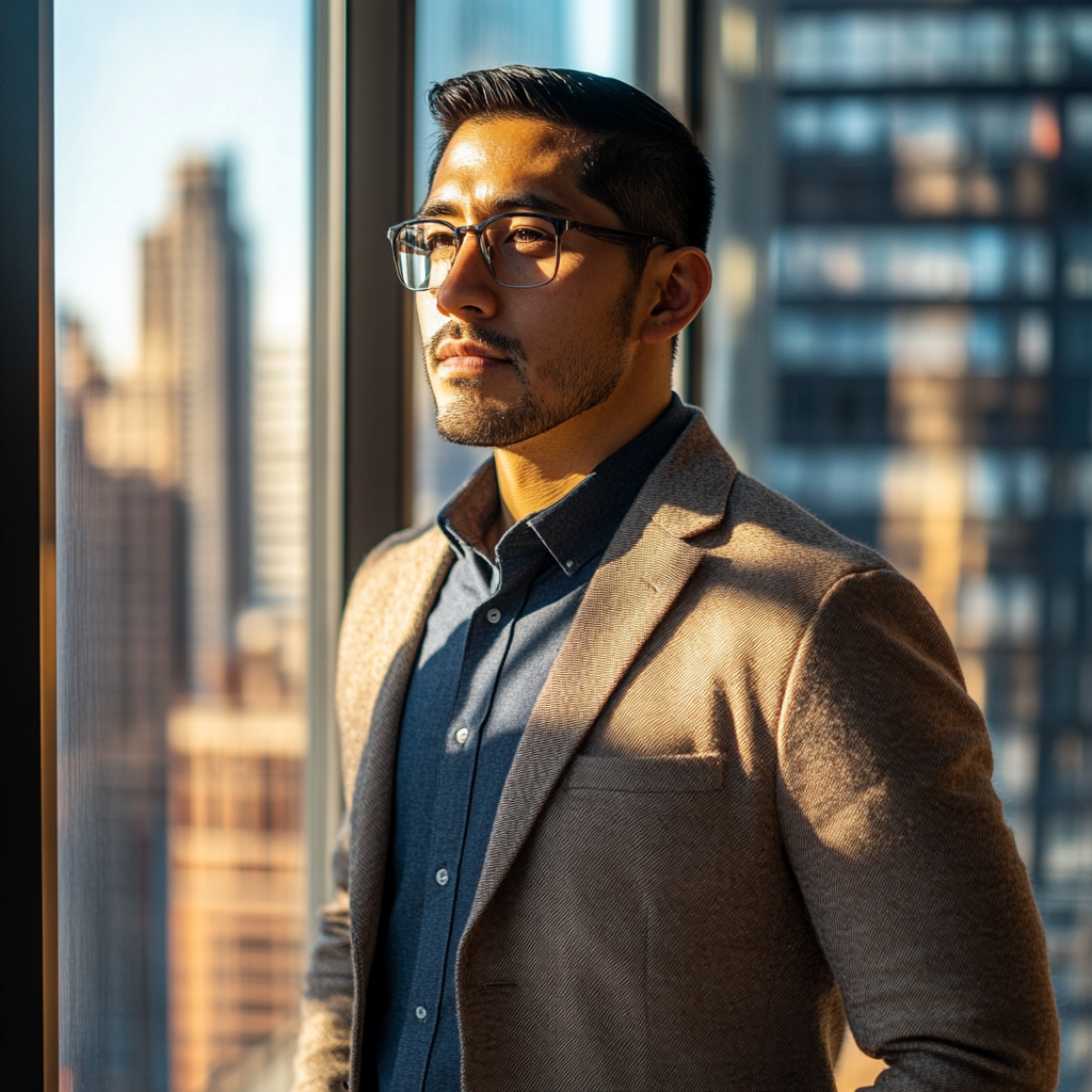 The Confident Latino Executive by the Sunlit Window