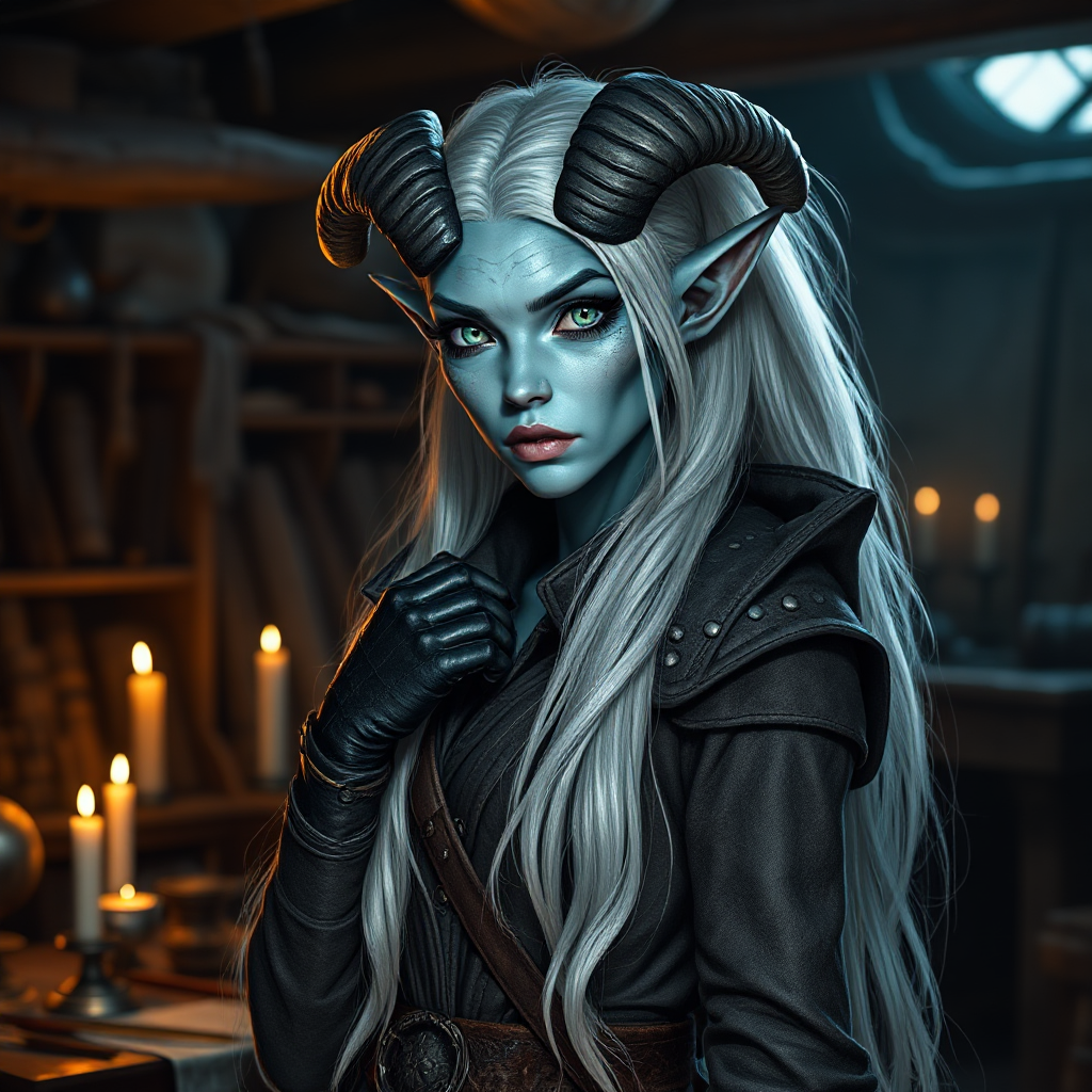 The Cool Female Tiefling in a Dim Workshop