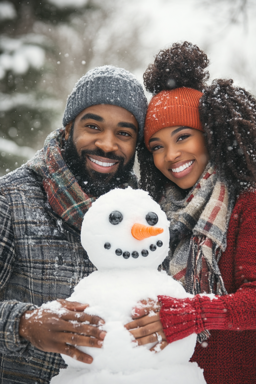 The Couple Building a Snowman in Their Yard