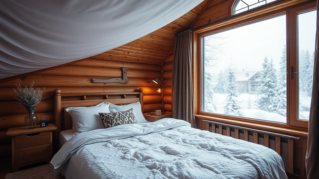 The Cozy Bedroom in the Snowy Wooden Cabin