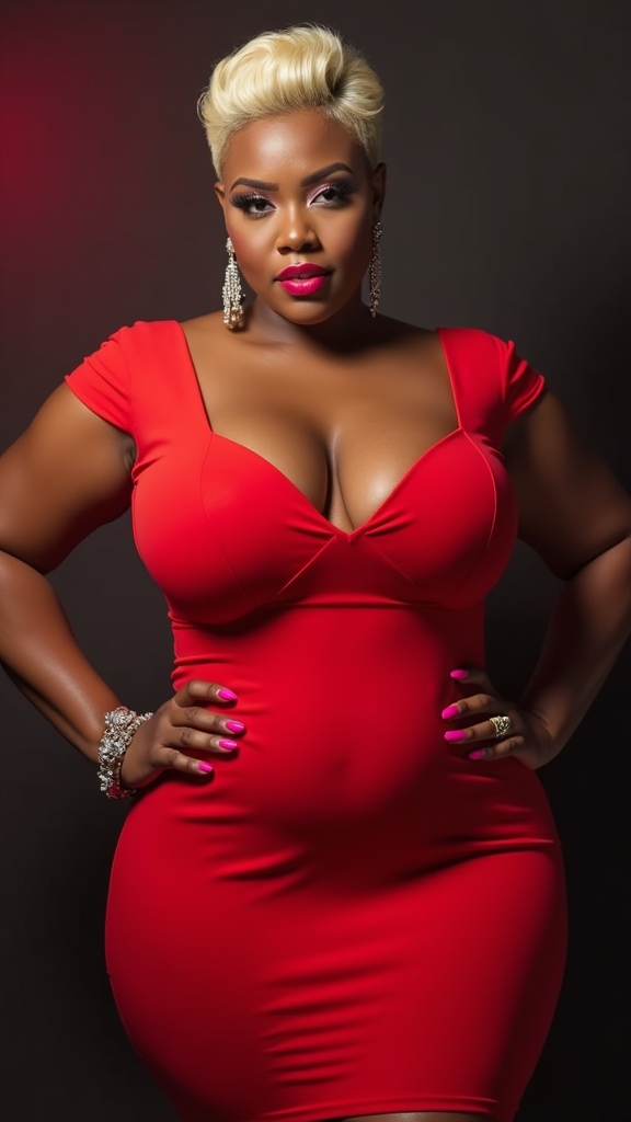 The Curvy Lady in Red with Blonde Pixie Cut