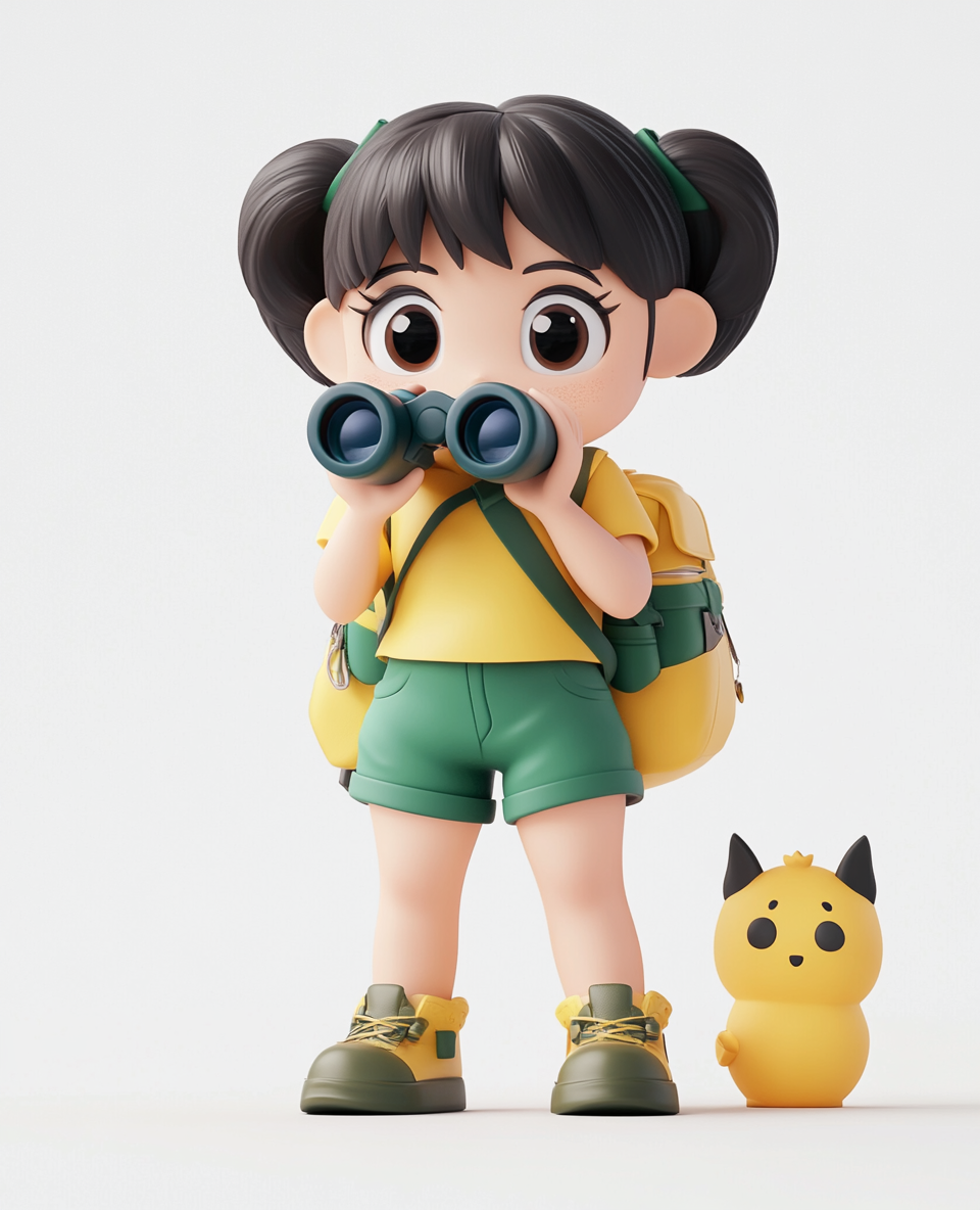 The Cute Girl Explorer Cartoon with Binoculars