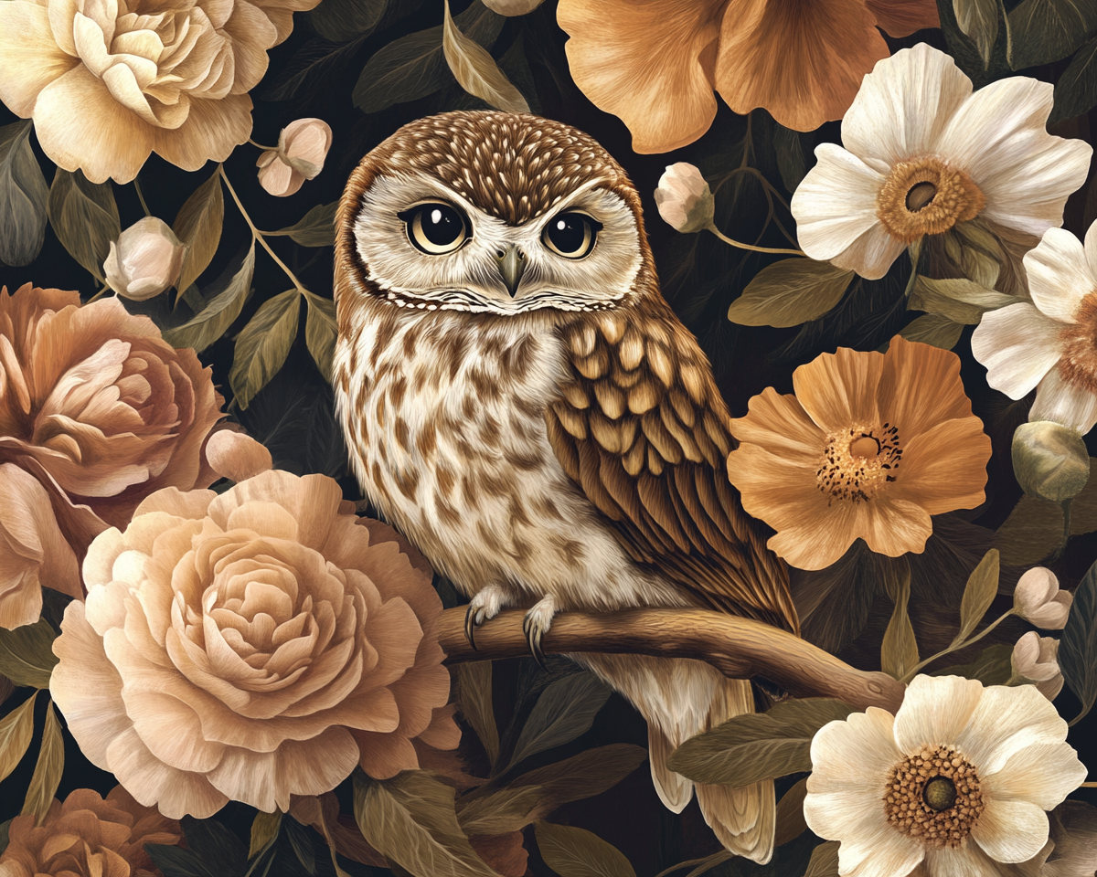 The Cute Owl Among Lush Flowers