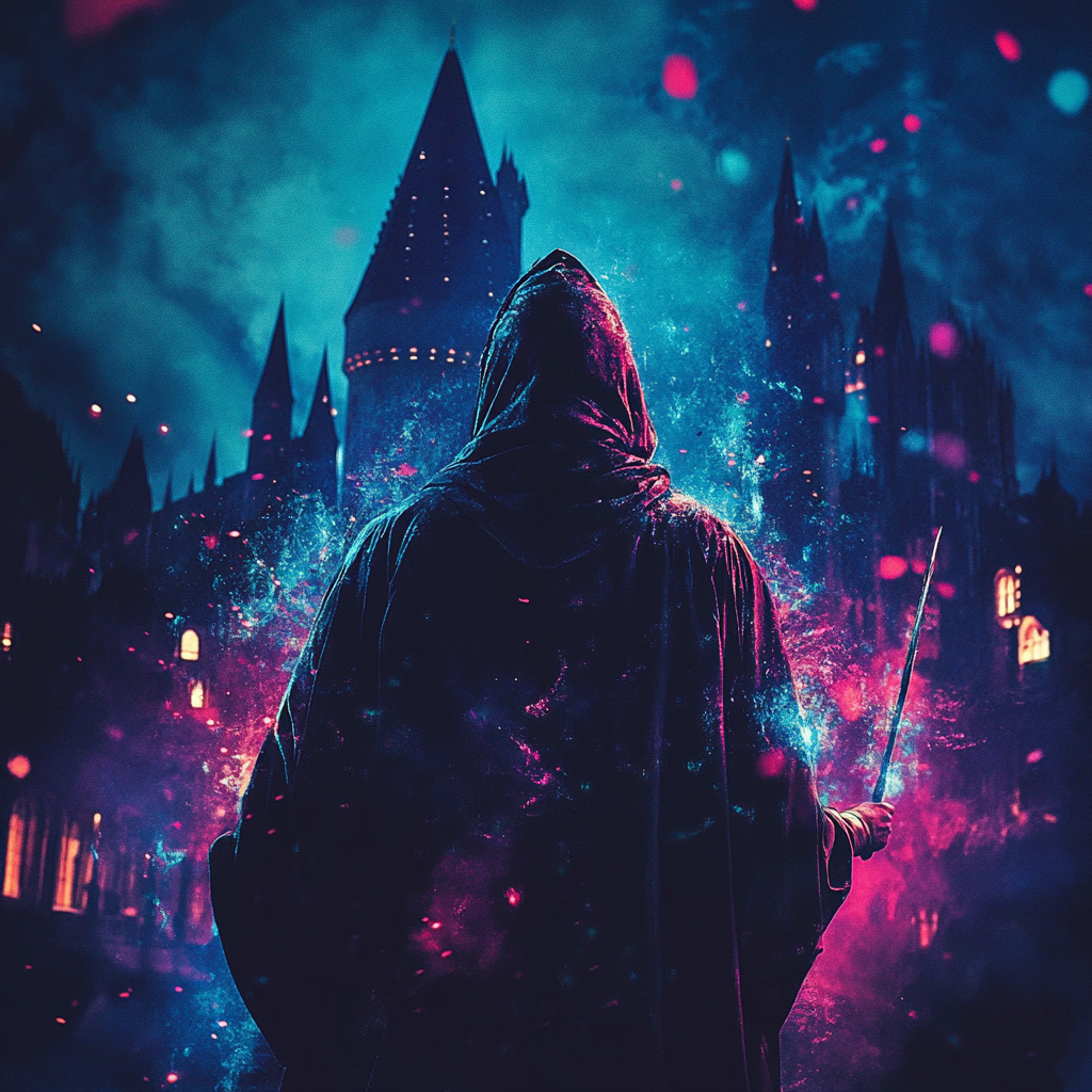 The Dark Wizard looking at Hogwarts with wand.