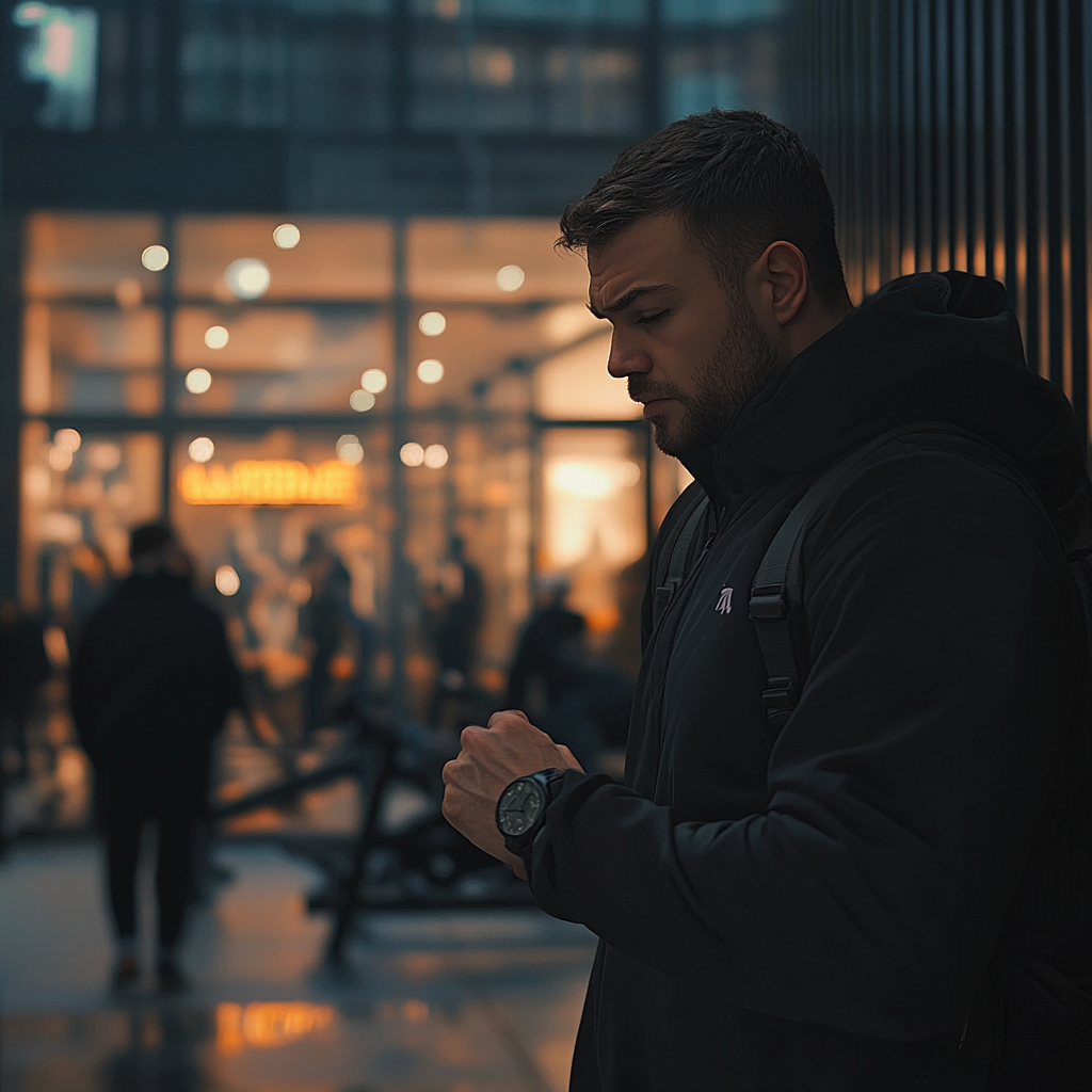 The Disappointed Man Looks at Watch Outside Gym.