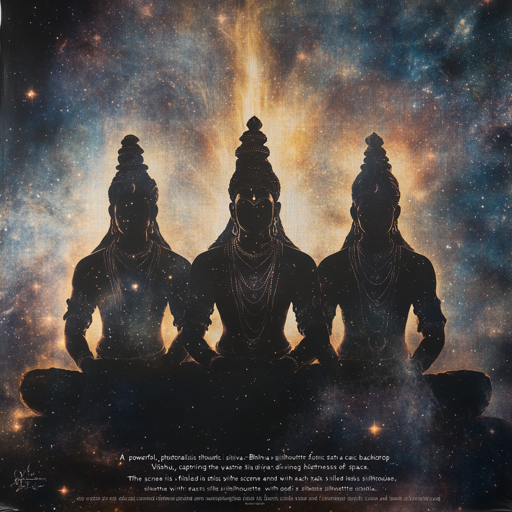 The Divine Trimurti Silhouettes in Cosmic Space