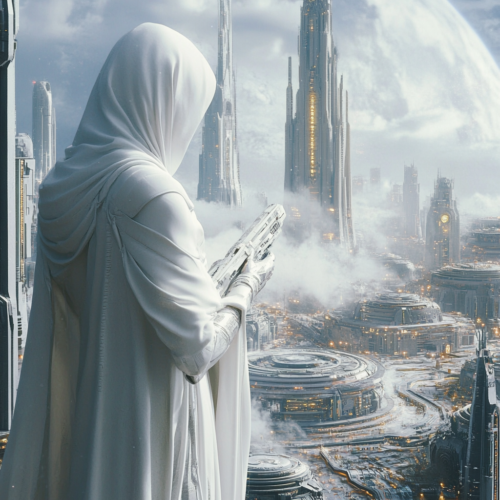 The Divine Warrior Overlooking Futuristic Cosmic City