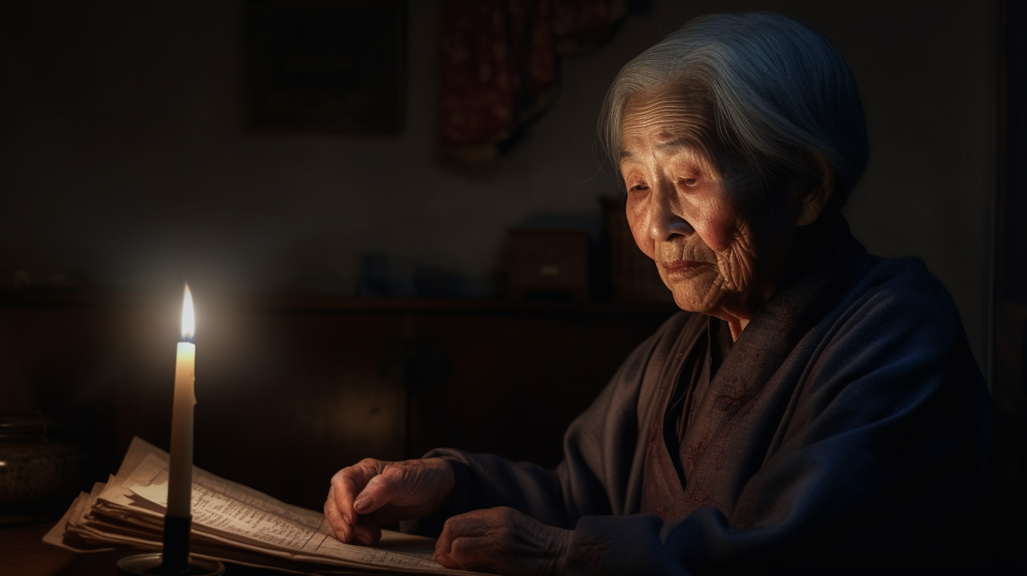 The Elderly Korean Woman Holding Bible By Candlelight