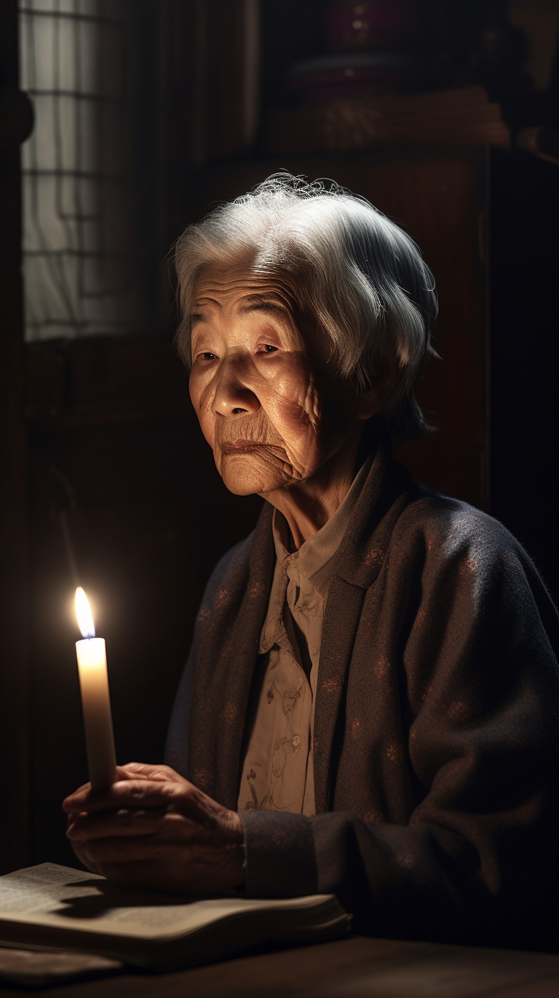 The Elderly Korean Woman with Bible and Candle