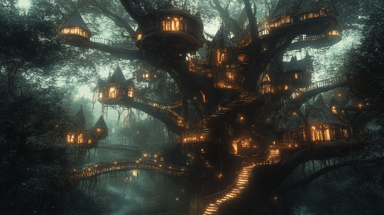 The Enchanted Elven City in a Towering Forest