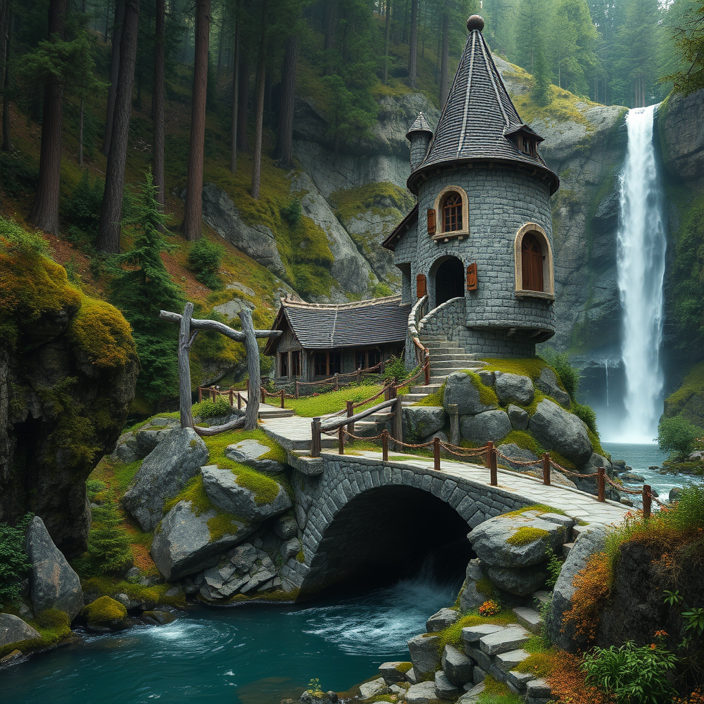 The Enchanted Wizard House by a Waterfall