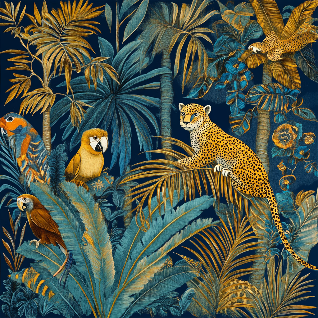 The Exotic Jungle with Gold-Blue Patterned Creatures