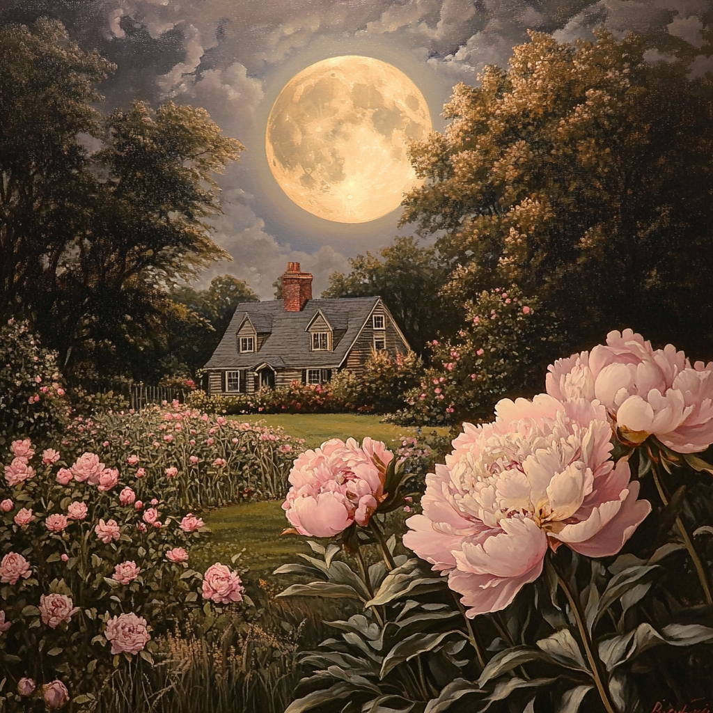 The Full Moon Shining Over a Floral Garden