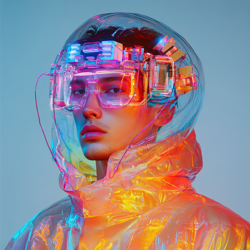 The Futuristic Man in Vibrant Fluo Liquid Outfit