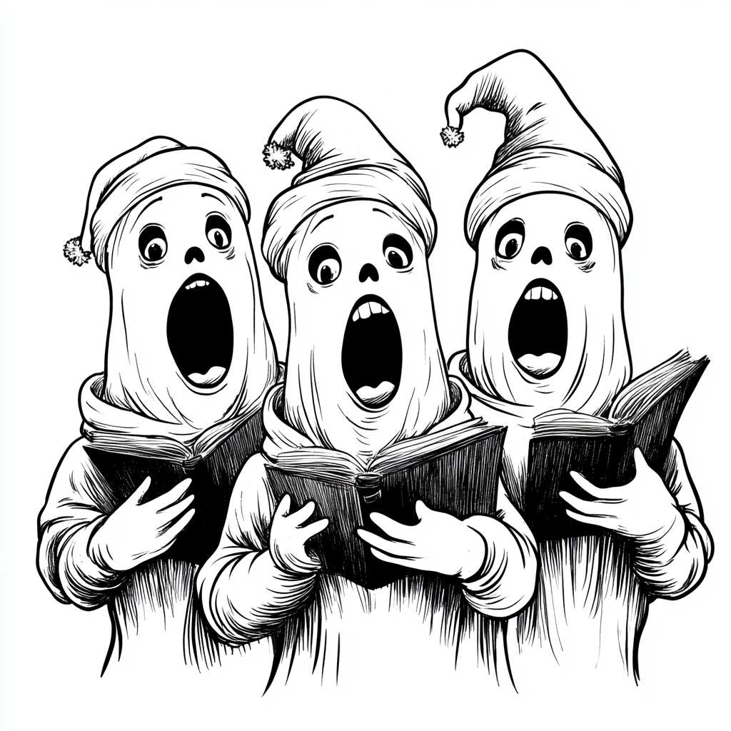 The Ghostly Carolers in Christmas Hats