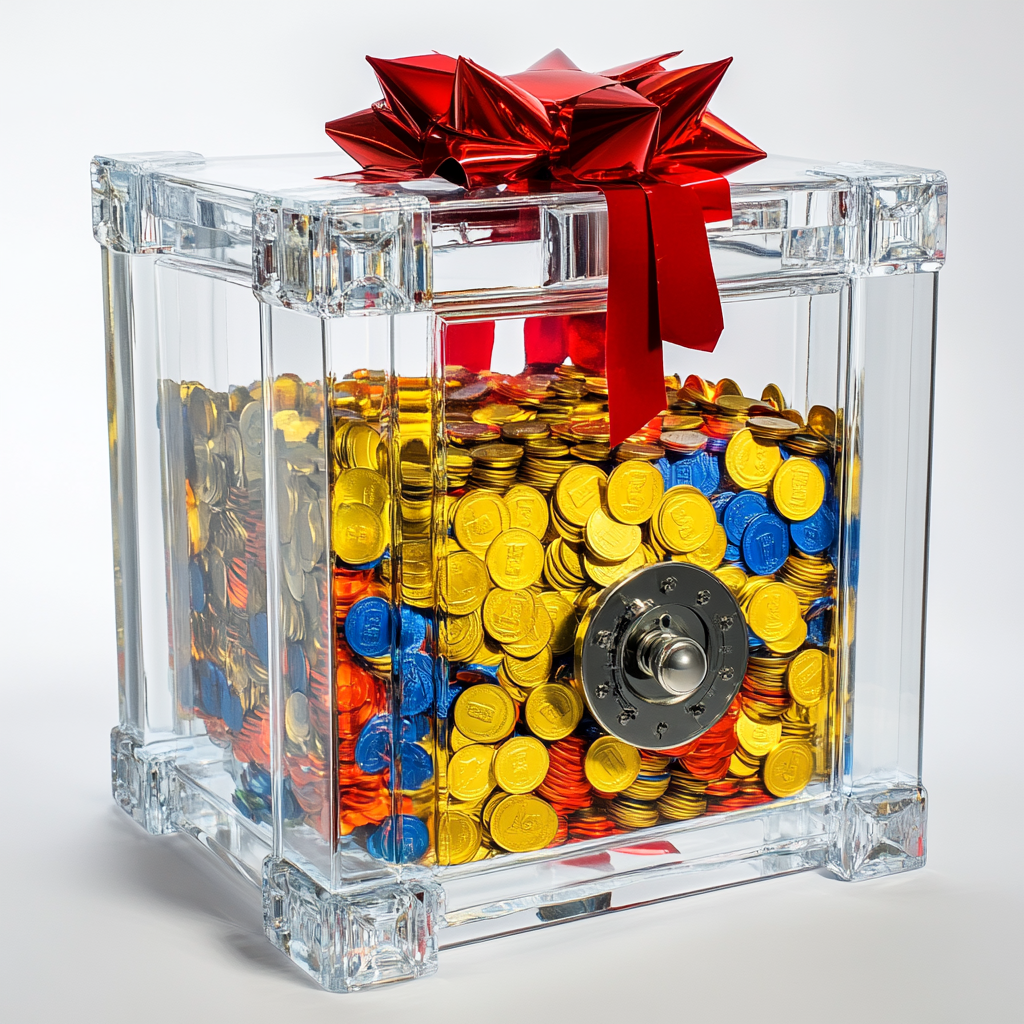 The Giant Clear Safe with Colorful Coins Inside